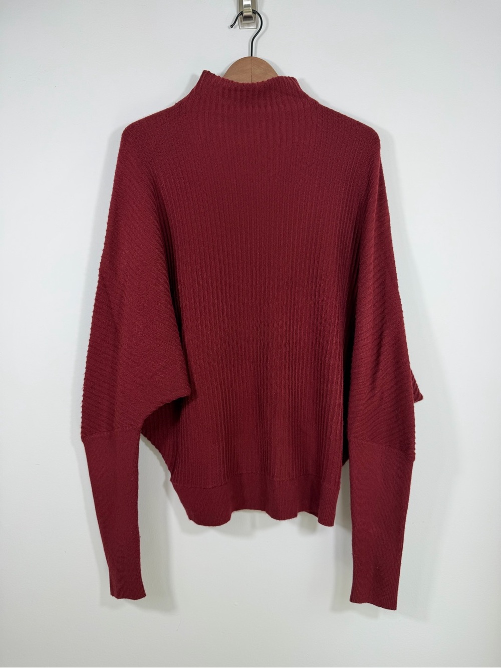 French Connection Burgundy Ribbed Batwing Mock Neck Sweater Large Oversized